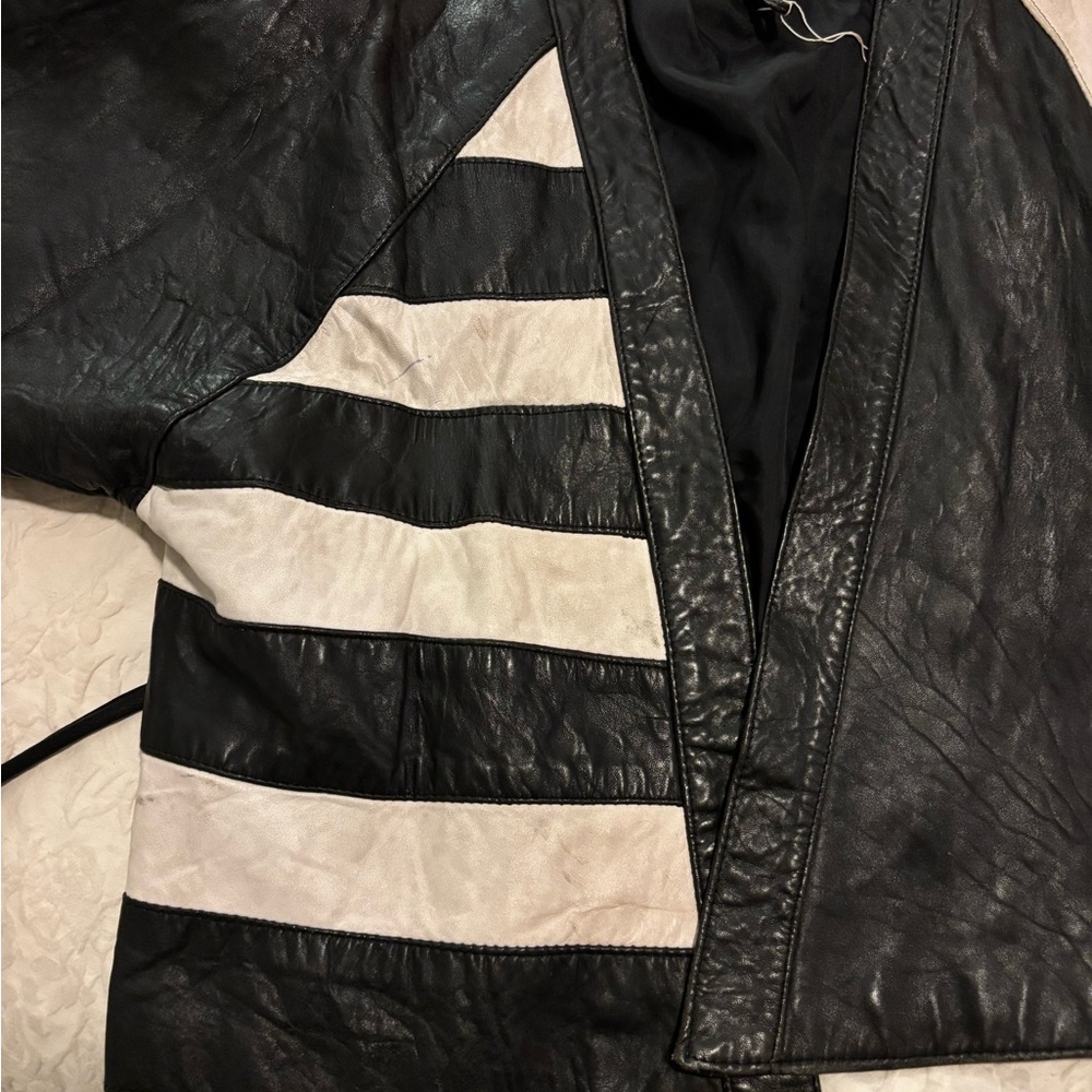 Vintage handmade hand stitched fine real leather jacket two tone white stripe - Picture 14 of 15